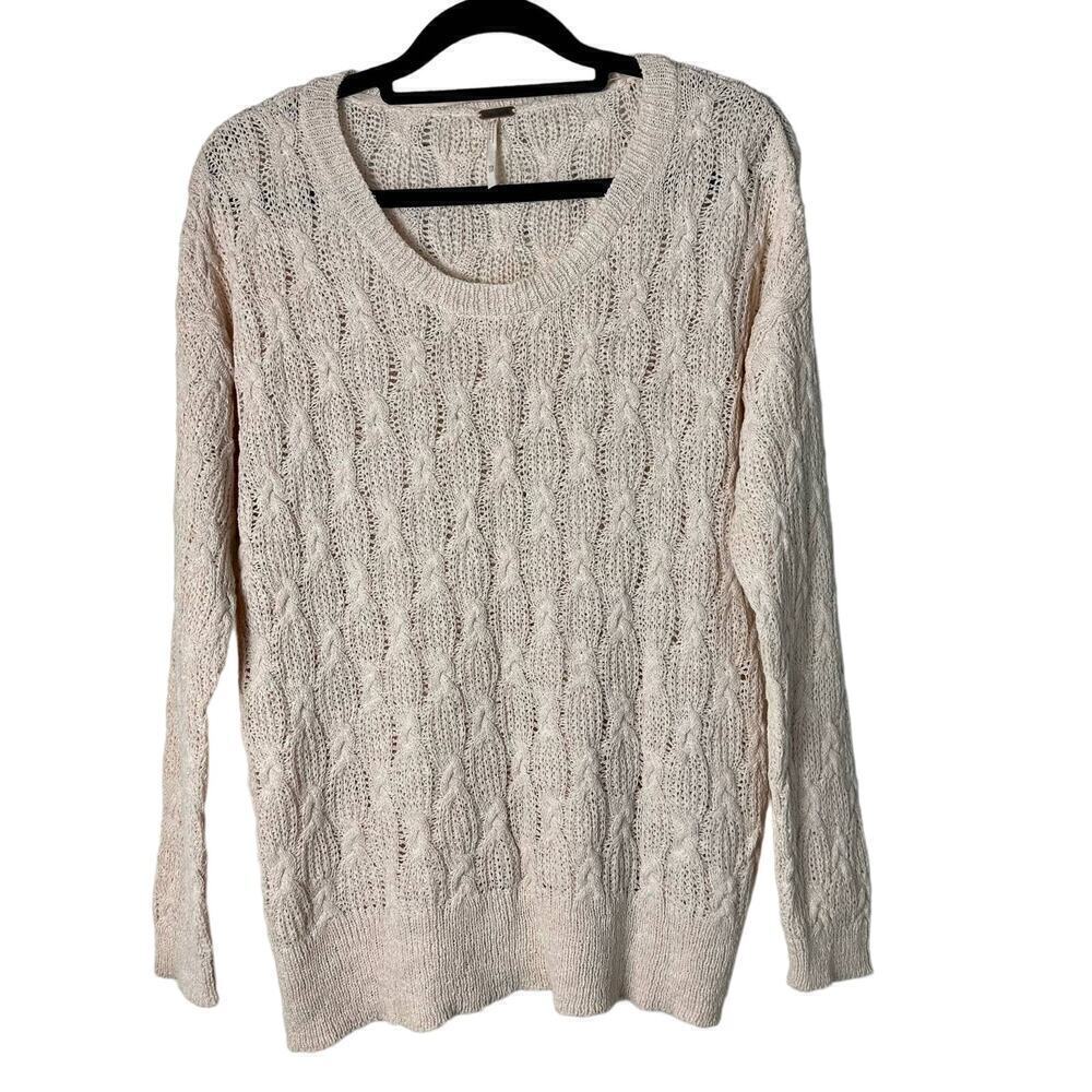 Free People Sweater Cable Knit Cotton Sheer Round Neck Long Sleeve Cream Pink XS